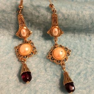Gold Tone filigree, Pearl, and Amethyst  Earrings